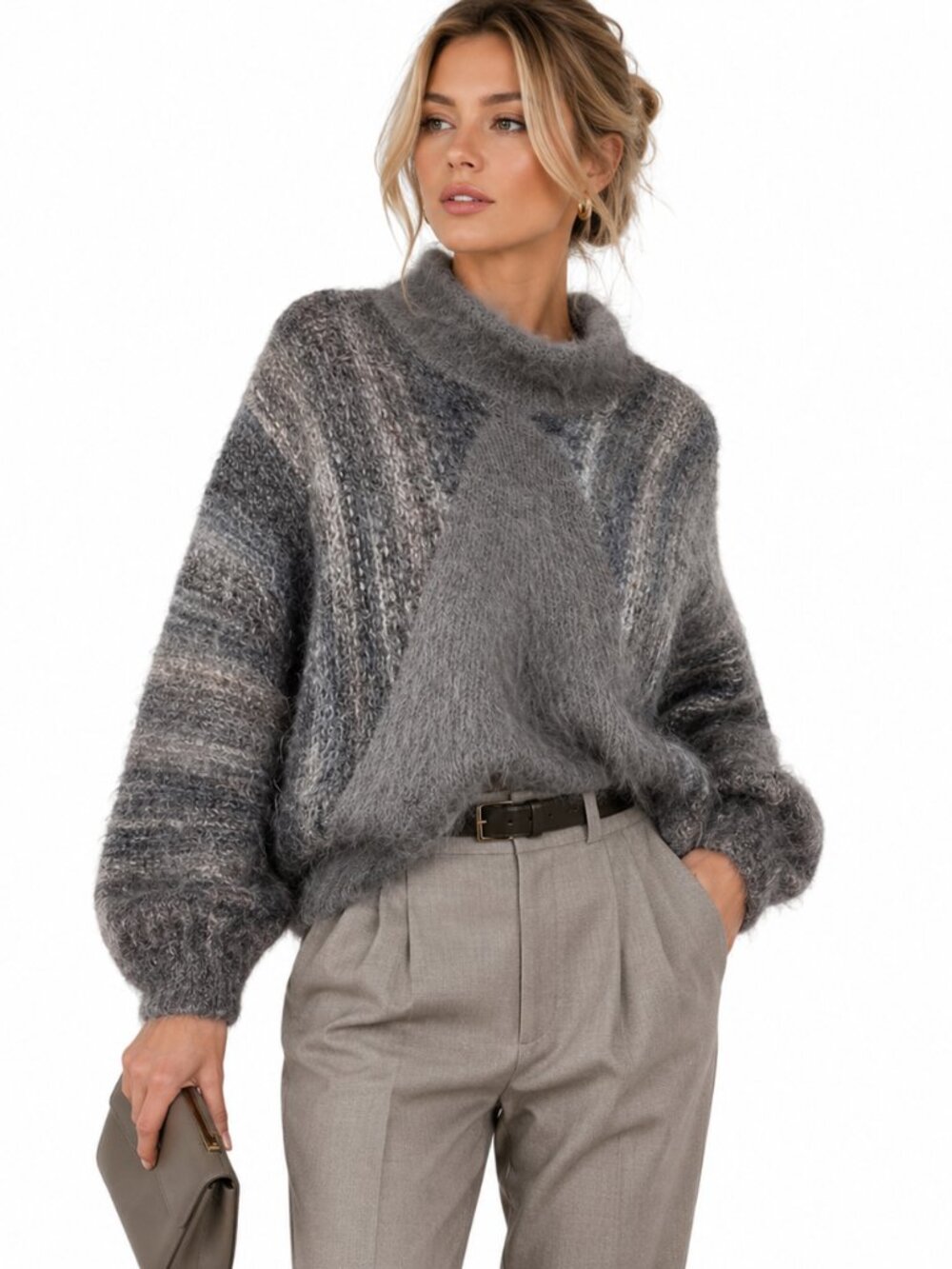 Vintage Sakowitz Mohair Sweater Women's L Gray Ombre Fuzzy Italy 80s Luxe Knit